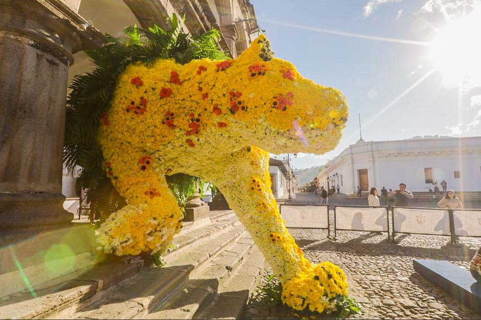 Un jaguar que es representativo de Guatemala hecho de flores adornando el ayuntamiento de Antigua guatemala